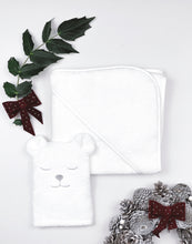 Load image into Gallery viewer, hooded towel, white, polar bear mitt